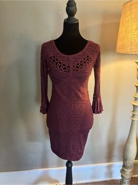 Free People Plum Crochet-Detail Long Sleeve Dress